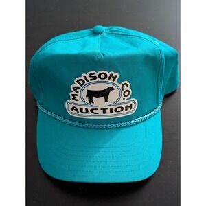 Vintage Madison County Auction Hat (Iowa) Teal Aqua Snapback OSFM by Cameo Caps